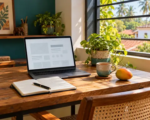 A sunlit studio desk with a laptop, notebook, cup of tea, a ripe mango and a small plant by the window