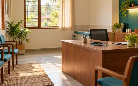 A calm clinic reception with a wooden desk, chairs, a plant and a stethoscope
