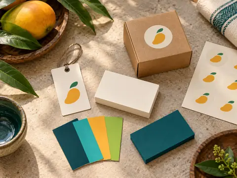 Brand identity flat-lay with blank business cards, colour swatches, a product label and a small kraft box